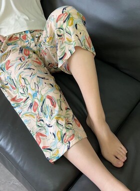 女夏睡裤棉绸七分裤款人造棉宽松绵绸中裤情侣居家可外穿彩色短裤