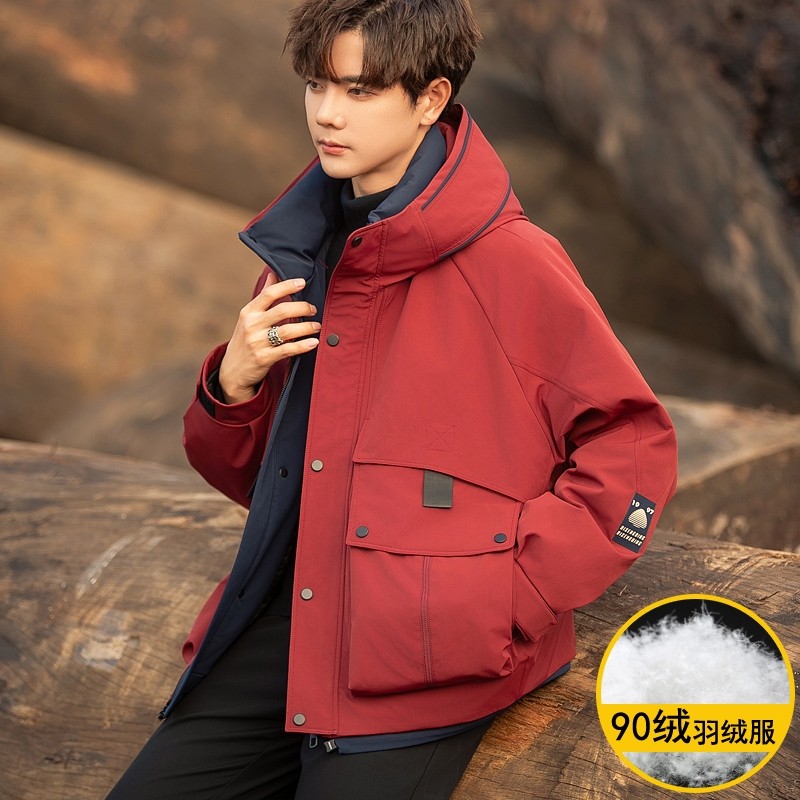 本命年中国红色工装羽绒服男2025冬季新款加厚短款外套潮白鸭绒