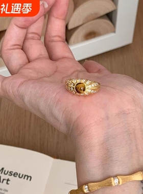 【寻光】中古金色虎眼石拉丝戒指复古高级感微镶锆石宽版食指戒