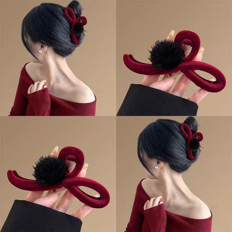 新年冬季毛毛抓夹新款红色高级丝绒鲨鱼大号夹子头饰后脑勺发夹