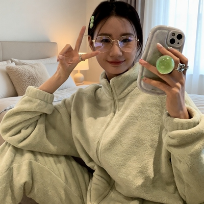 睡衣女秋冬可外穿韩版加厚珊瑚绒休闲加绒法兰绒居家服拉链款外出