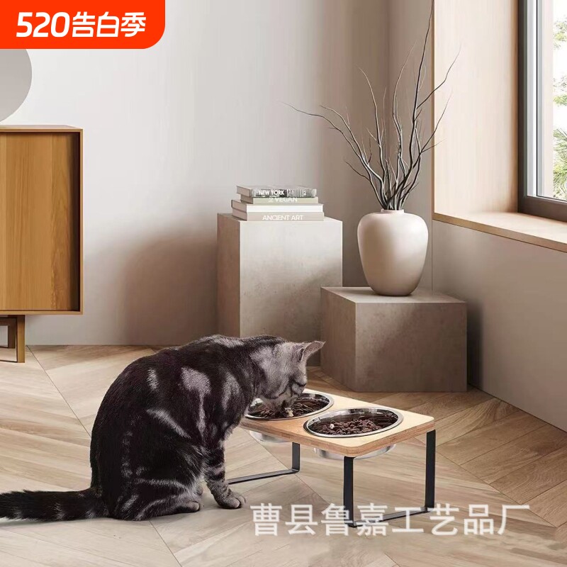木质猫碗架现货双碗猫粮水碗架子护颈倾斜实木宠物猫狗喂食器