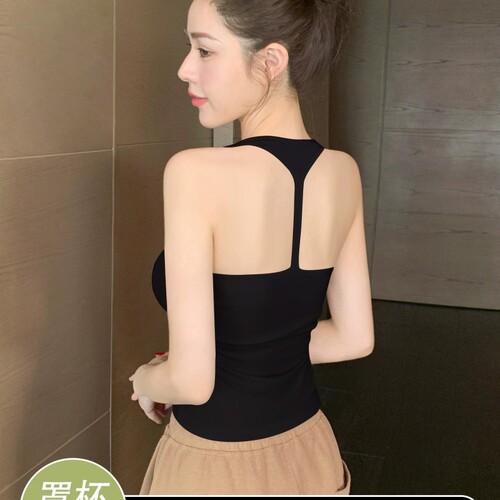 黑色挂脖美背吊带背心女带胸垫2026新款打底露背外穿上衣纯棉白色
