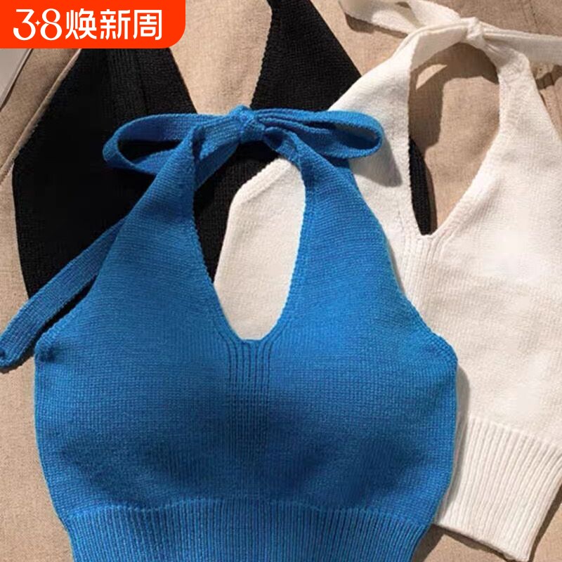 辣妹韩系网红夏款港风针织吊带外穿内搭短款纯色背心挂脖上衣美背