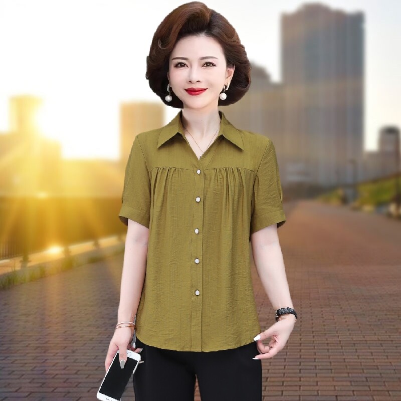 中老年夏季新款短袖纯色衬衫女洋气百搭妈妈装气质大码衫衬衣打底