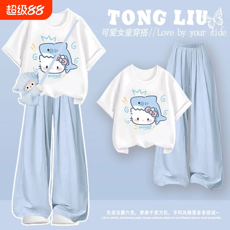 女童裤子短袖T恤2026新款夏套装女大童初中生的夏卡通半身裙上衣 - 实物图