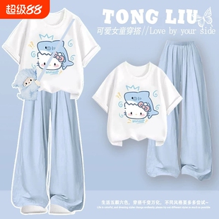 女童裤子短袖T恤2026新款夏套装女大童初中生的夏卡通半身裙上衣