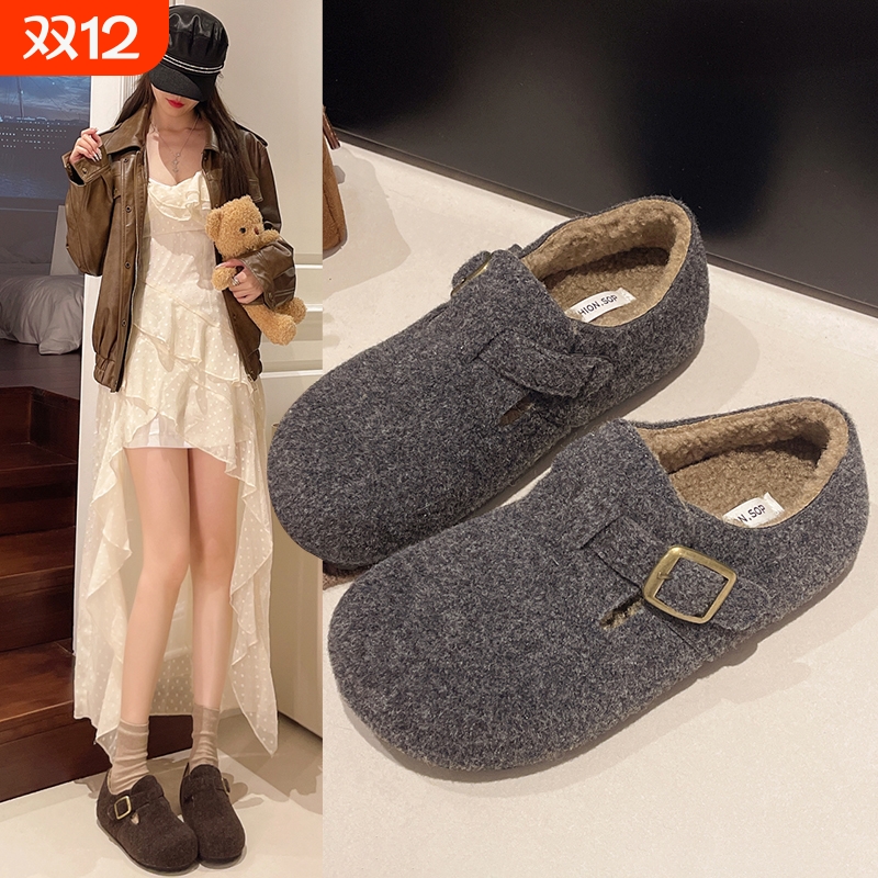 他她女孩毛呢小土豆一脚蹬加绒勃肯鞋女2025秋冬保暖灰灰色内增高