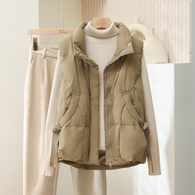 户外新款秋冬季短款羽绒服马甲女立领宽松飘带白鸭绒韩版背心坎肩