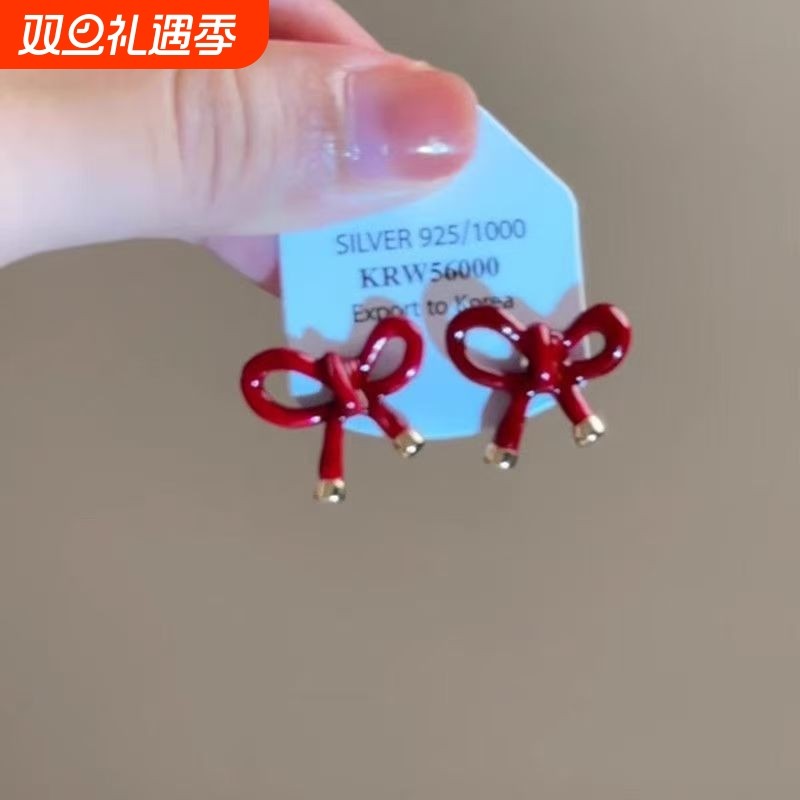 「甜心蝴蝶结」少女喜庆耳钉女红色本命年精致无耳洞耳夹港风耳饰