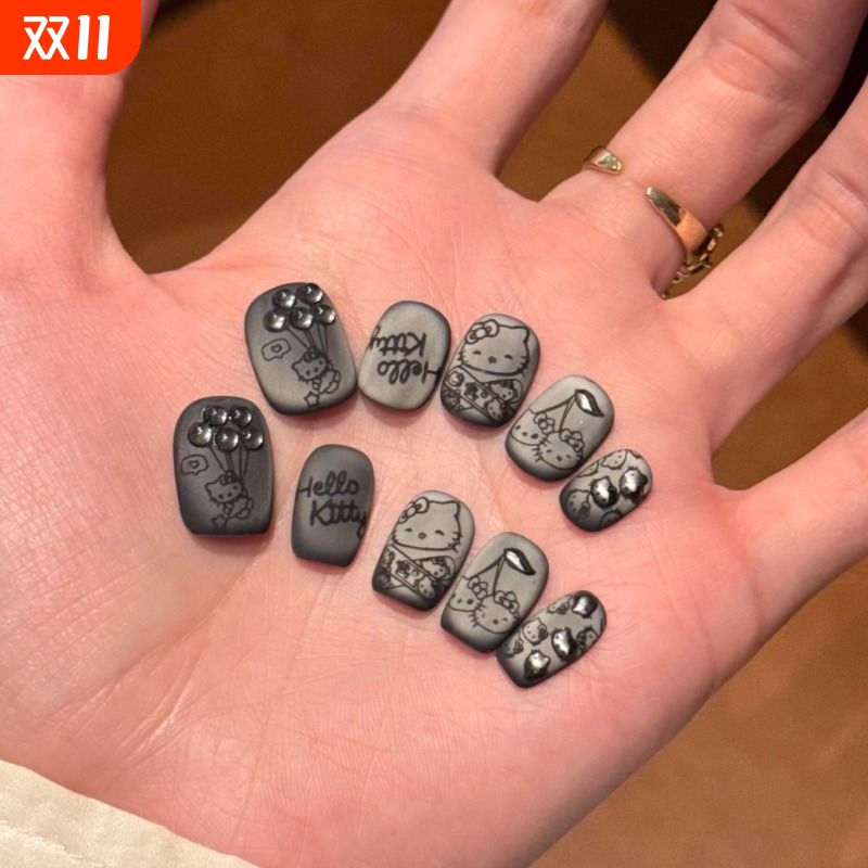 Kitty猫手工穿戴甲黑色磨砂猫眼可爱立体简约法式显白ins美甲短款