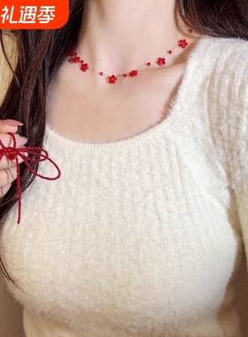 自制显白红色蝴蝶结choker项链女锁骨链高级感山野莓莓多切面串珠