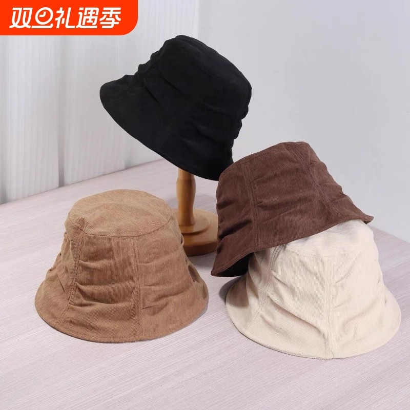 日系灯芯绒渔夫帽子女春秋冬季显脸小水桶帽盆帽黑色咖色防风休闲