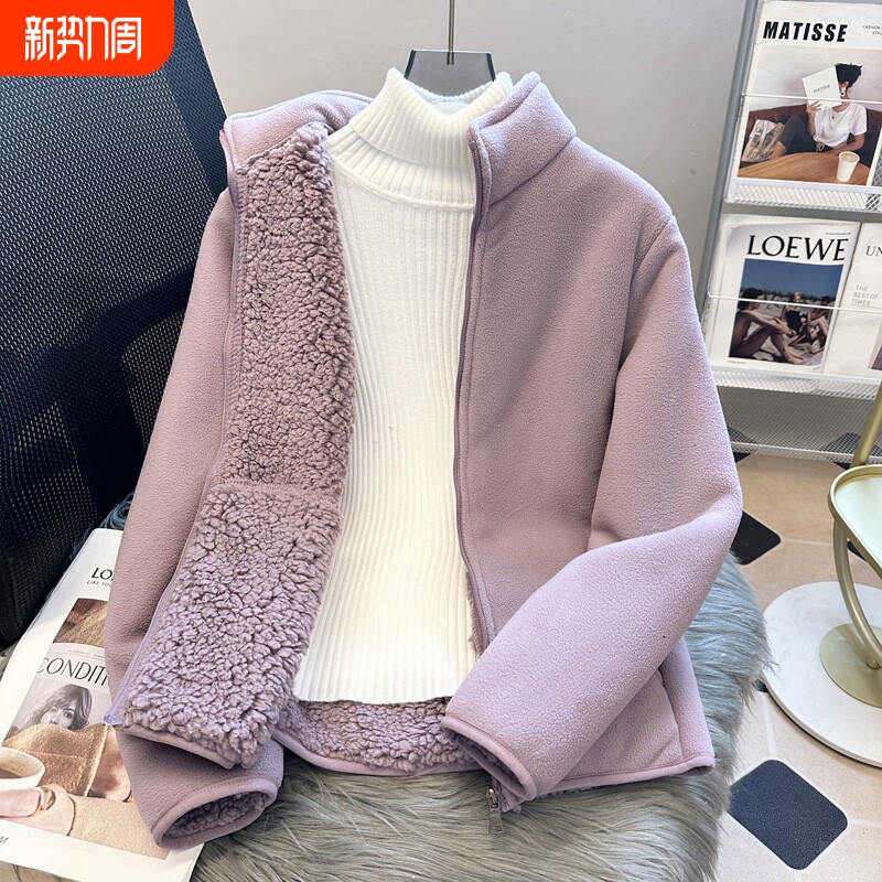 秋冬款中老年外套女加绒加厚摇粒绒卫衣立领抓绒衣立领宽松大码