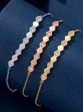 蜂巢项链罗曼高叶同款女菱格纹锁骨链纯银蜂窝微笑吊坠黄金笑脸