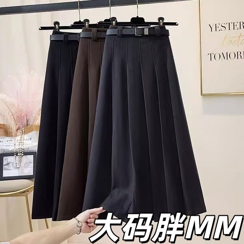 大码灰色百褶毛呢裙女秋冬垂坠感毛呢半身裙高腰a字过膝中长裙子