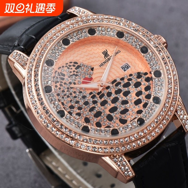 时运美旋转女士石英手表潮流个性真皮镶钻防水情侣腕表女表