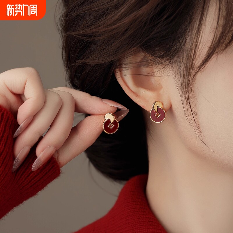 新年马年红色耳钉喜庆铜钱耳环生肖马耳饰耳夹无耳洞设计感足银
