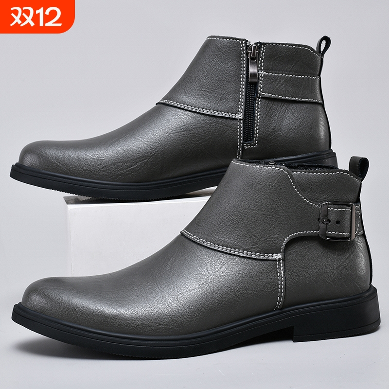 男士皮靴秋冬加绒软皮中帮马丁靴子英伦切尔西靴真皮大码46棉鞋