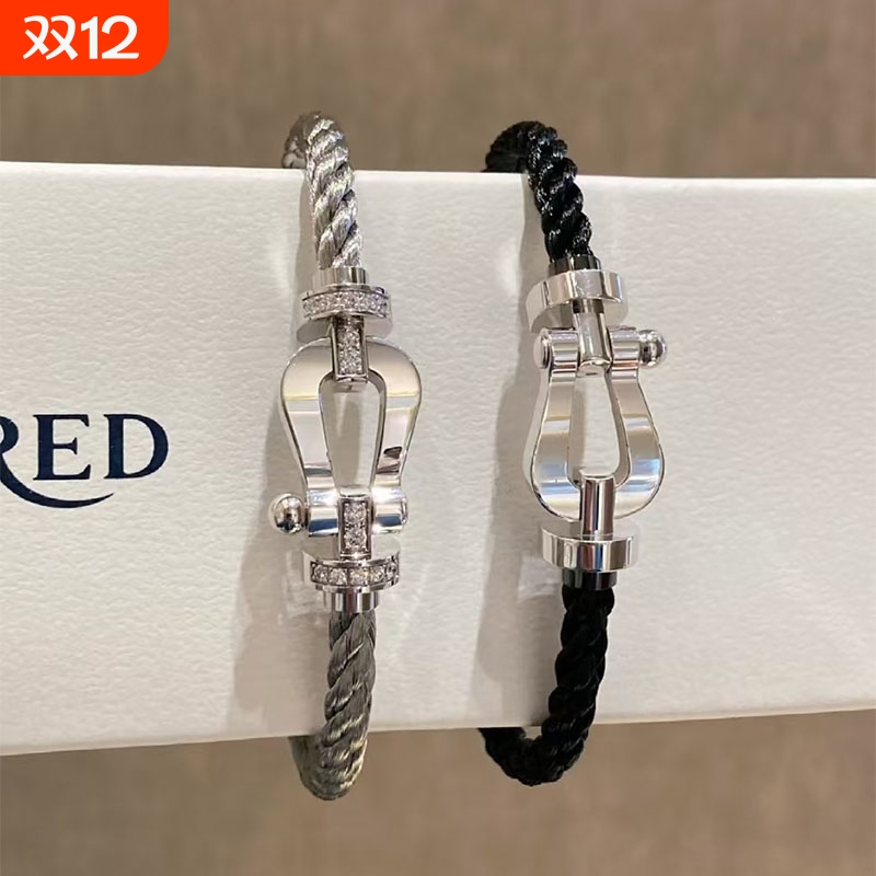 弗雷德马蹄扣手链女玫瑰金镶钻情侣手绳生日礼物白金黑武士红绳