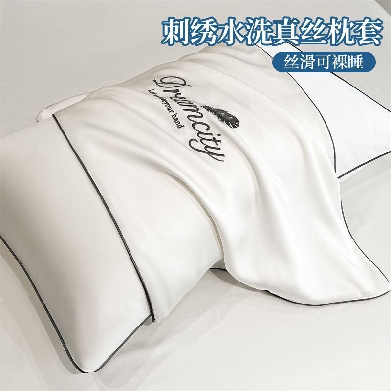 夏季简约水洗真丝枕套一对装单人凉爽家用单个冰丝枕芯内胆套