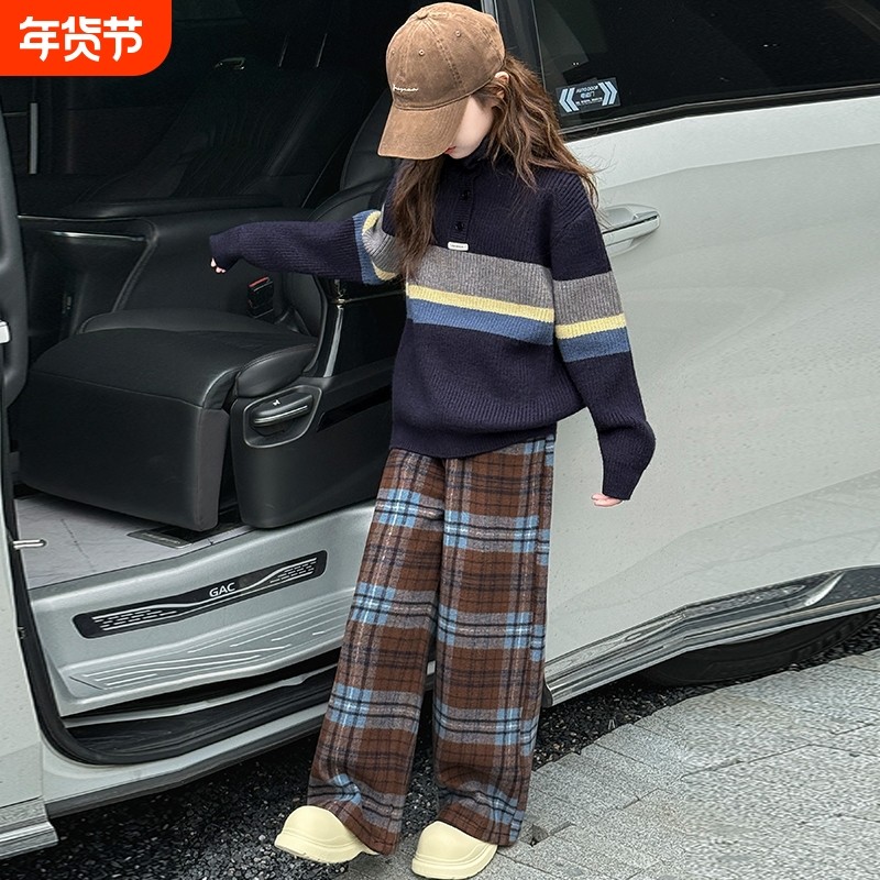 女童复古条纹毛衣针织衫秋冬款2025新款中大童宽松洋气打底衫上衣,童装/婴儿装/亲子装,毛衣/针织衫,淘宝优惠券,粉丝福利购,淘宝优惠卷