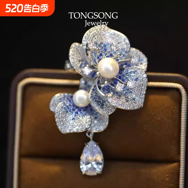 微镶锆石仿珍珠花朵蝴蝶兰胸针女胸花别针奢华西装时尚西装配饰