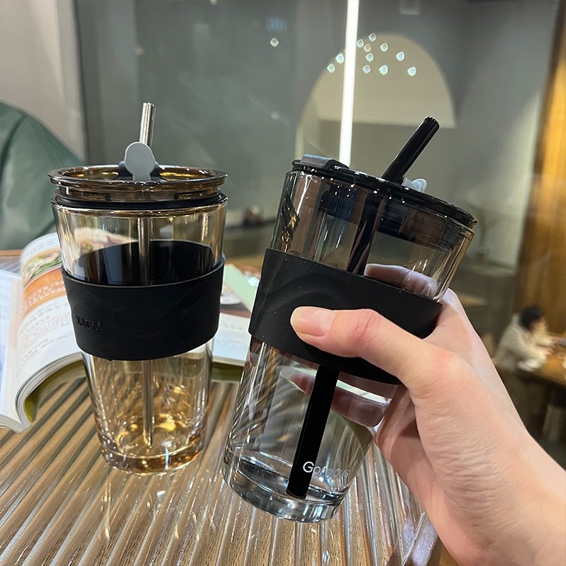 ins高颜值新款咖啡杯玻璃杯子水杯北极光吸管杯大容量带盖竹节杯
