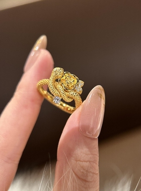 925中古金色灵蛇缠绕玫瑰戒指镶嵌锆石重工高级感轻奢精致食指戒