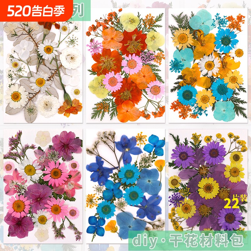 新品干花压花材料包贴脸花真花植物标本diy滴胶押花台灯混合花包