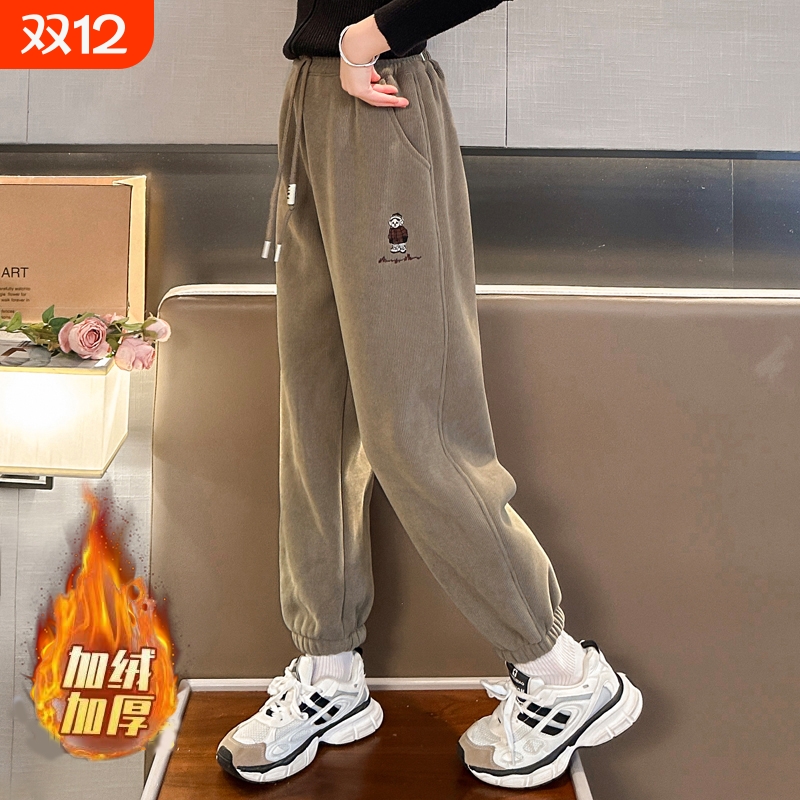 女童裤子灯芯绒秋冬新款运动裤中大童儿童冬季加绒加厚休闲裤卫裤