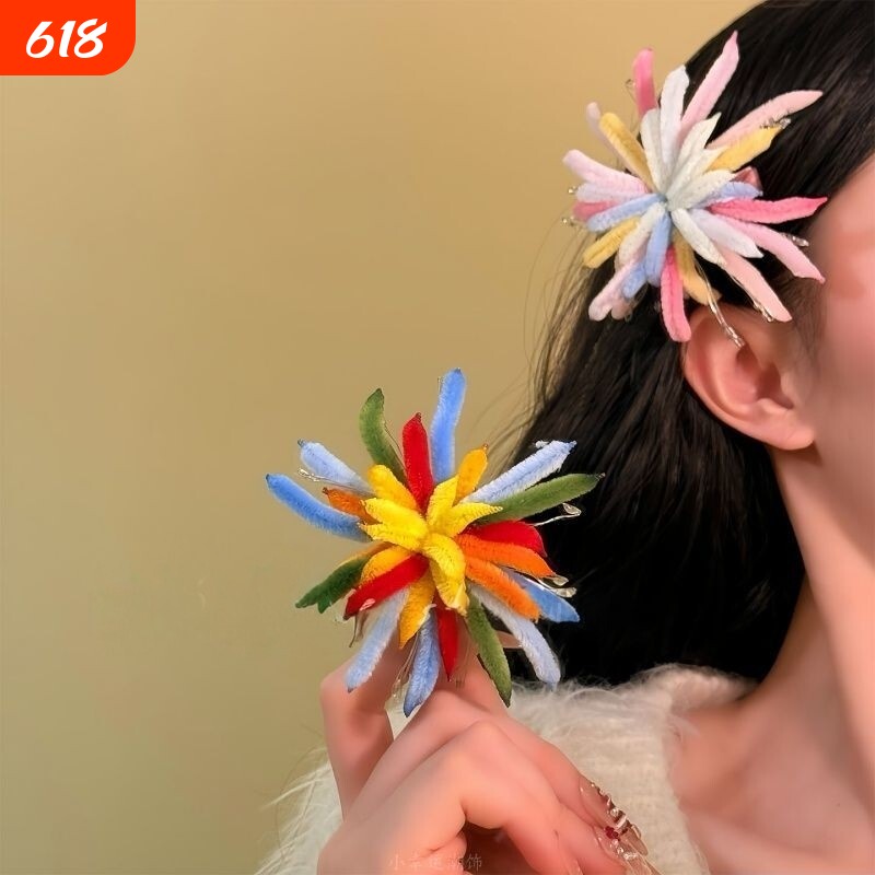美感女士甜美彩色烟花边夹女新年头饰氛围感发夹手工发饰短发卷发
