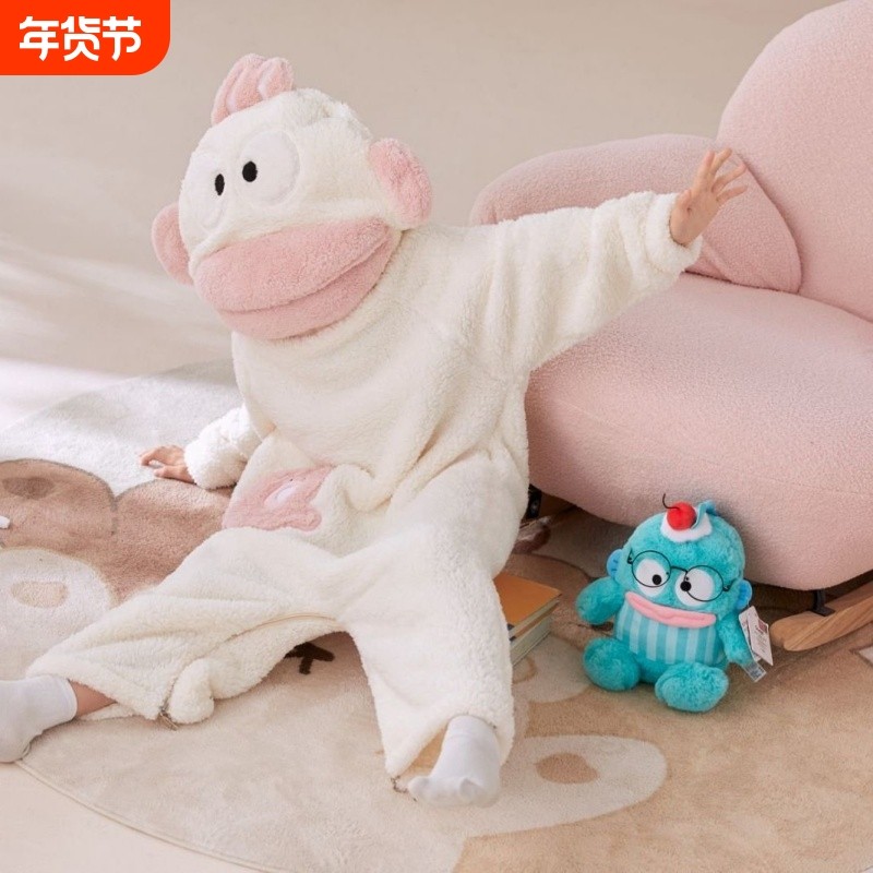 丑鱼儿童睡衣亲子连体秋冬加厚长款睡袍卡通大嘴鱼搞怪大童家居服