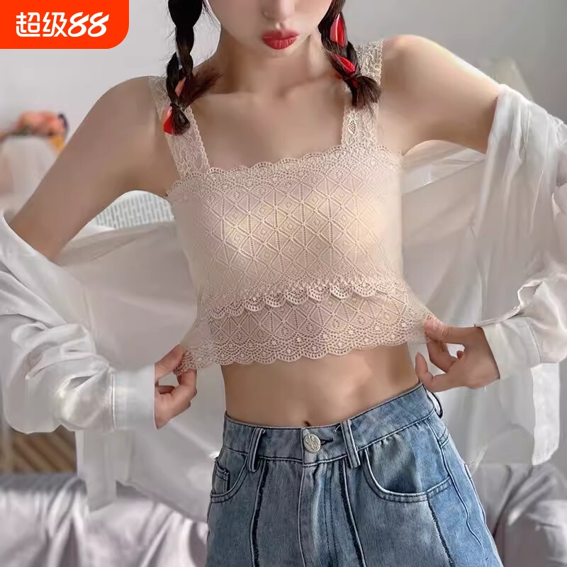 美背蕾丝吊带小背心女露脐装夏季内搭裹胸防走光上衣黑色带胸垫