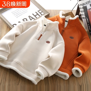 儿童加绒卫衣男童秋冬加厚半拉链中大童立领上衣保暖刺绣橙色休闲