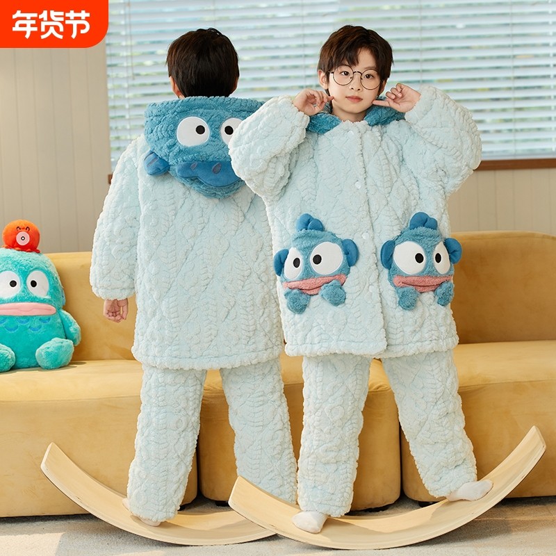 2025新款男童冬季三层加厚夹棉珊瑚绒男孩保暖睡袍家居服儿童睡衣