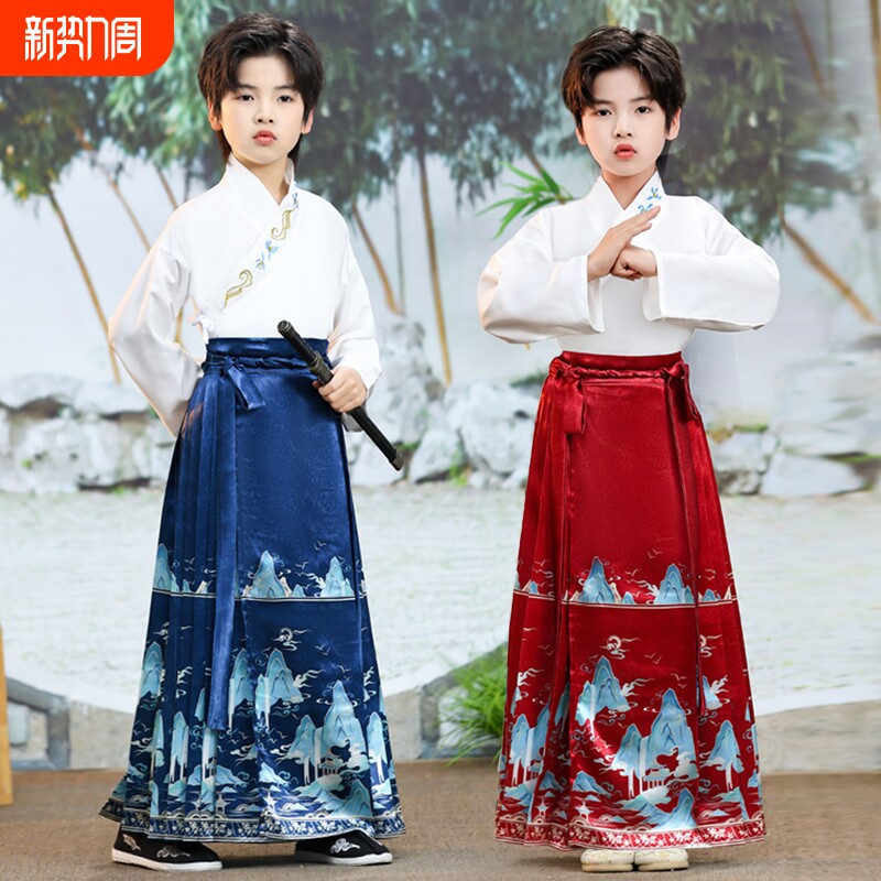 男童唐装汉服中式国风套装2026马面裙春秋儿童表演服红色蓝色传统