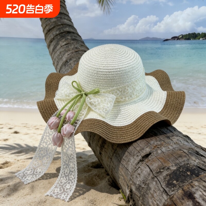 法式蕾丝蝴蝶结草帽女夏季海边沙滩度假大帽檐太阳帽遮阳防晒帽子