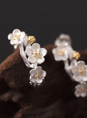 素十八s925银复古民族风腊梅耳钉女创意国潮新中式花卉梅花耳饰品