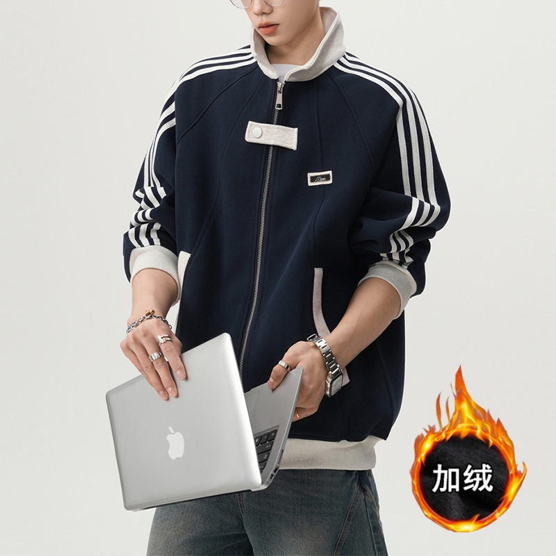 美式条纹翻领夹克男款冬季加绒宽松学院风棒球服休闲运动卫衣外套