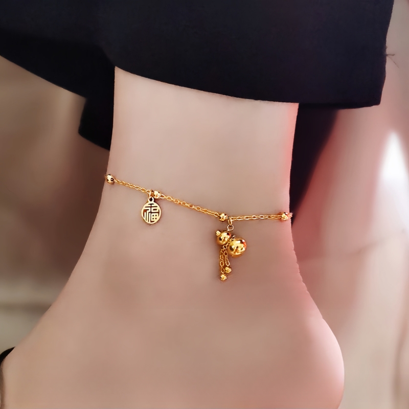 钛钢不掉色网红招财葫芦流苏福牌脚链女新式闺蜜足链气质简约脚饰