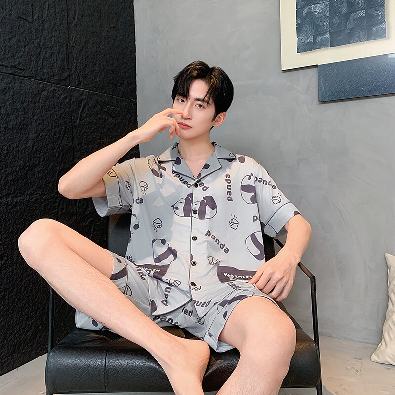 夏季新款男士大码开衫卡通短袖短裤冰丝凉感薄款睡衣男生套装家居