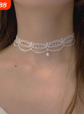 choker项链女白色蕾丝珍珠颈链少女气质项圈颈带超仙锁骨链脖饰