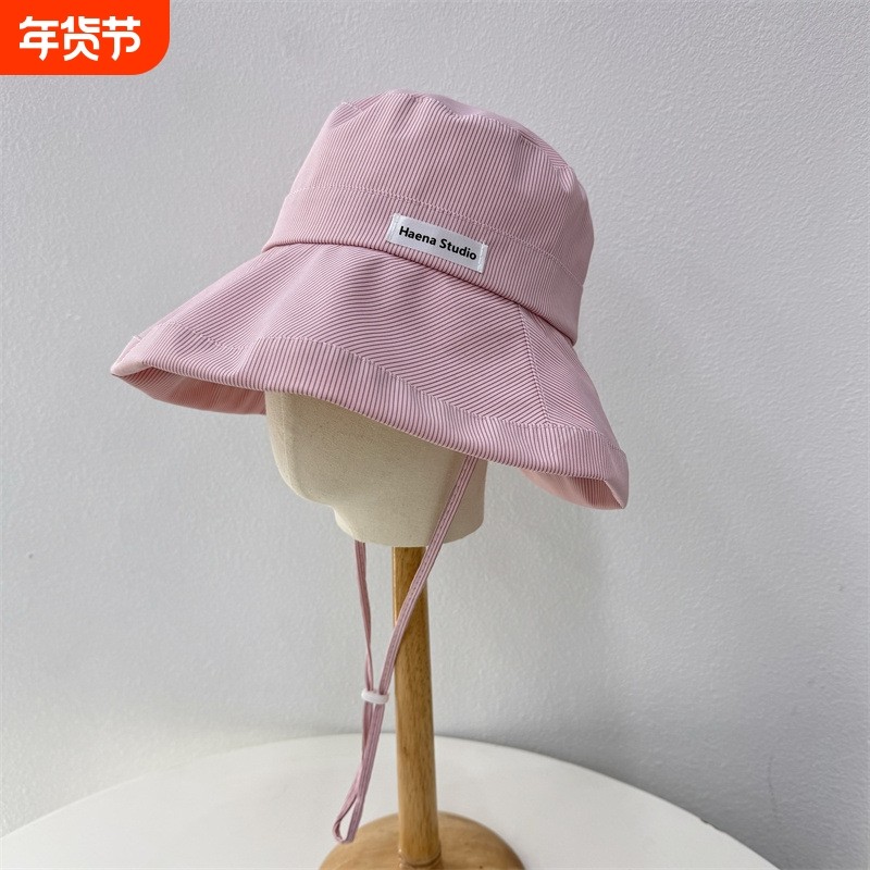 纯色帽子日系渔夫帽大帽檐防嗮帽条纹沙滩帽子女简单遮阳帽休闲帽