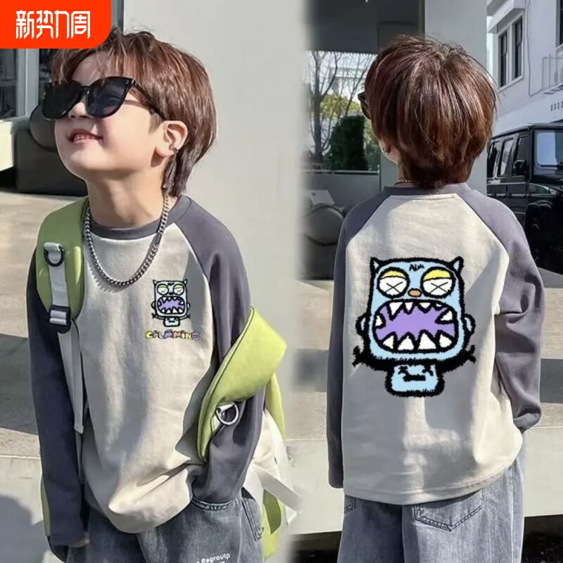 纯棉儿童长袖T恤春秋新款男女童卡通插肩袖上衣宝宝打底衫双面