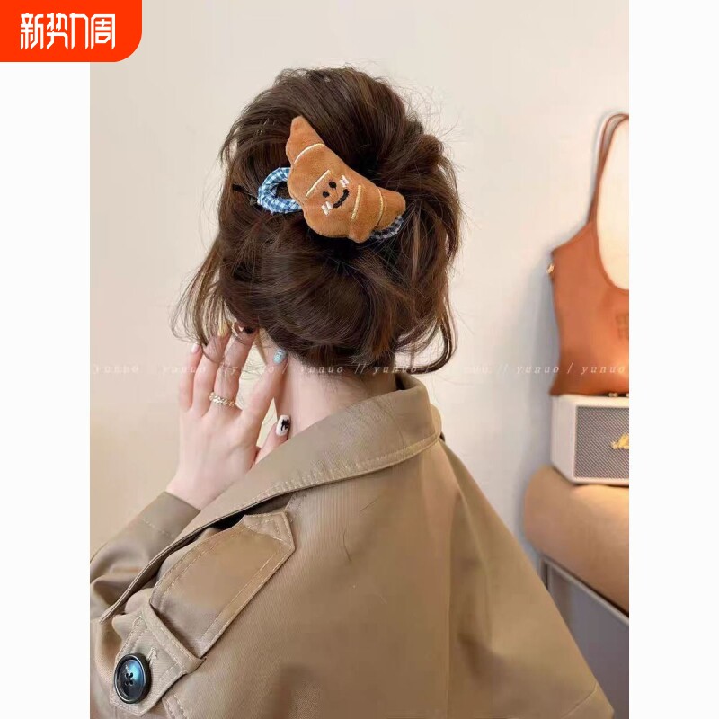 可爱毛绒牛角包一字鸭嘴夹发夹女后脑勺韩版爆款高级感抓夹扭扭夹