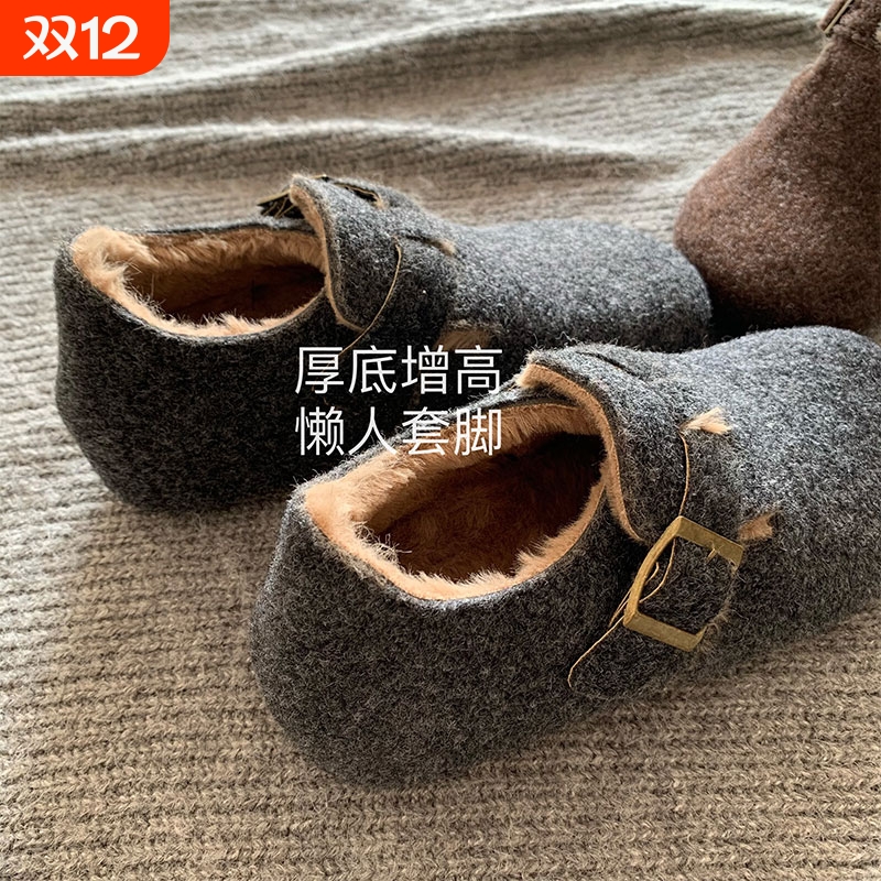 ~INS高端加厚毛呢博肯鞋女冬季雪地靴黑灰色呢子勃肯鞋内增高毛绒