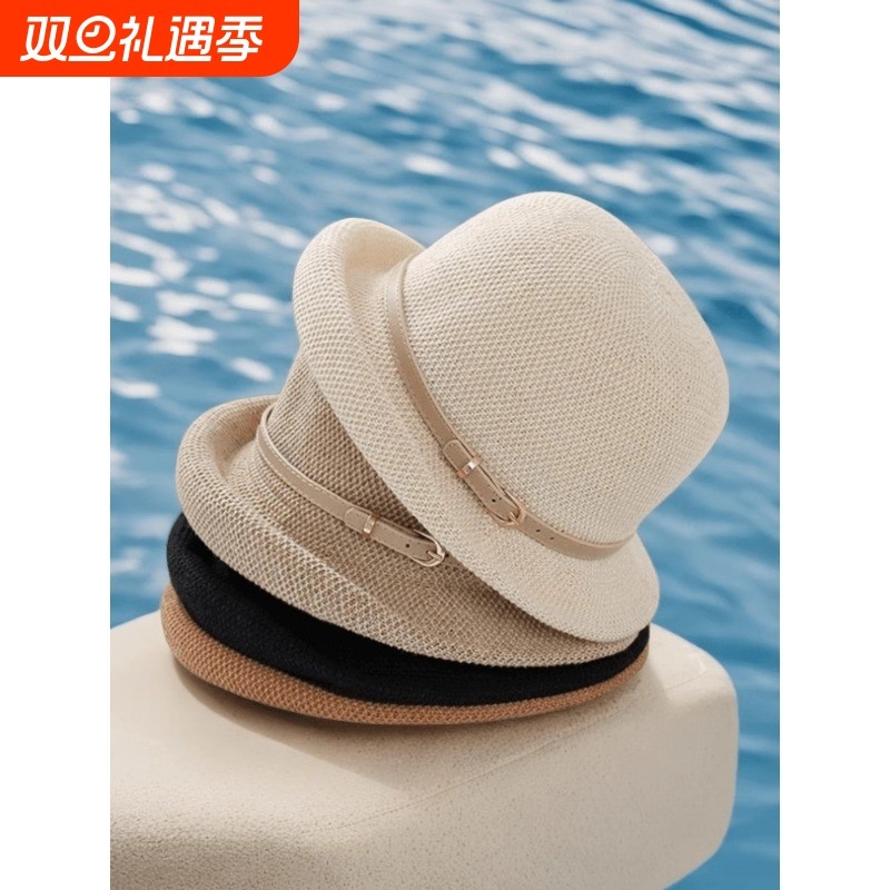 薄款帽子女夏季名媛风亚麻防晒圆顶渔夫帽时尚百搭遮阳沙滩小礼帽