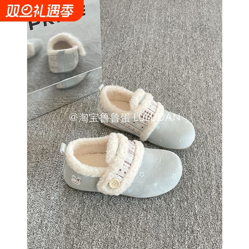 鲁鲁蛋一脚蹬加绒勃肯鞋女2025新款冬季保暖毛毛鞋二棉鞋粉色平底