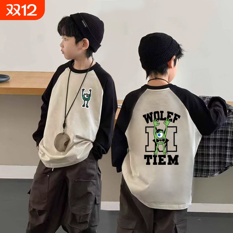 男童拼接纯棉长袖t恤春秋休闲打底衫男孩中大童帅气撞色上衣速干